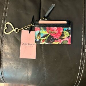 Juicy Couture Wallet Black Multi Small Keychain Card Case Cardholder  Rose New